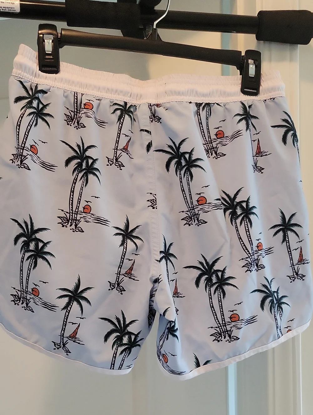 Men's White Tropical Palm Swim Trunks with Drawstring Size Small